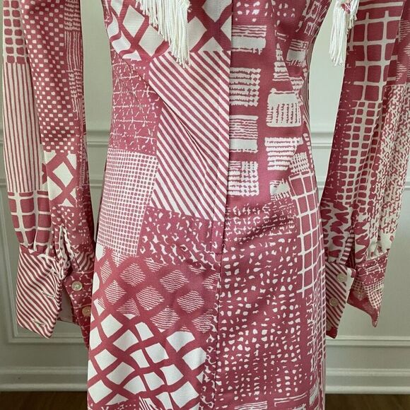 Vintage 70s Mauve Pink White Retro Print Shift Dress Scarf XS S - Picture 6 of 10